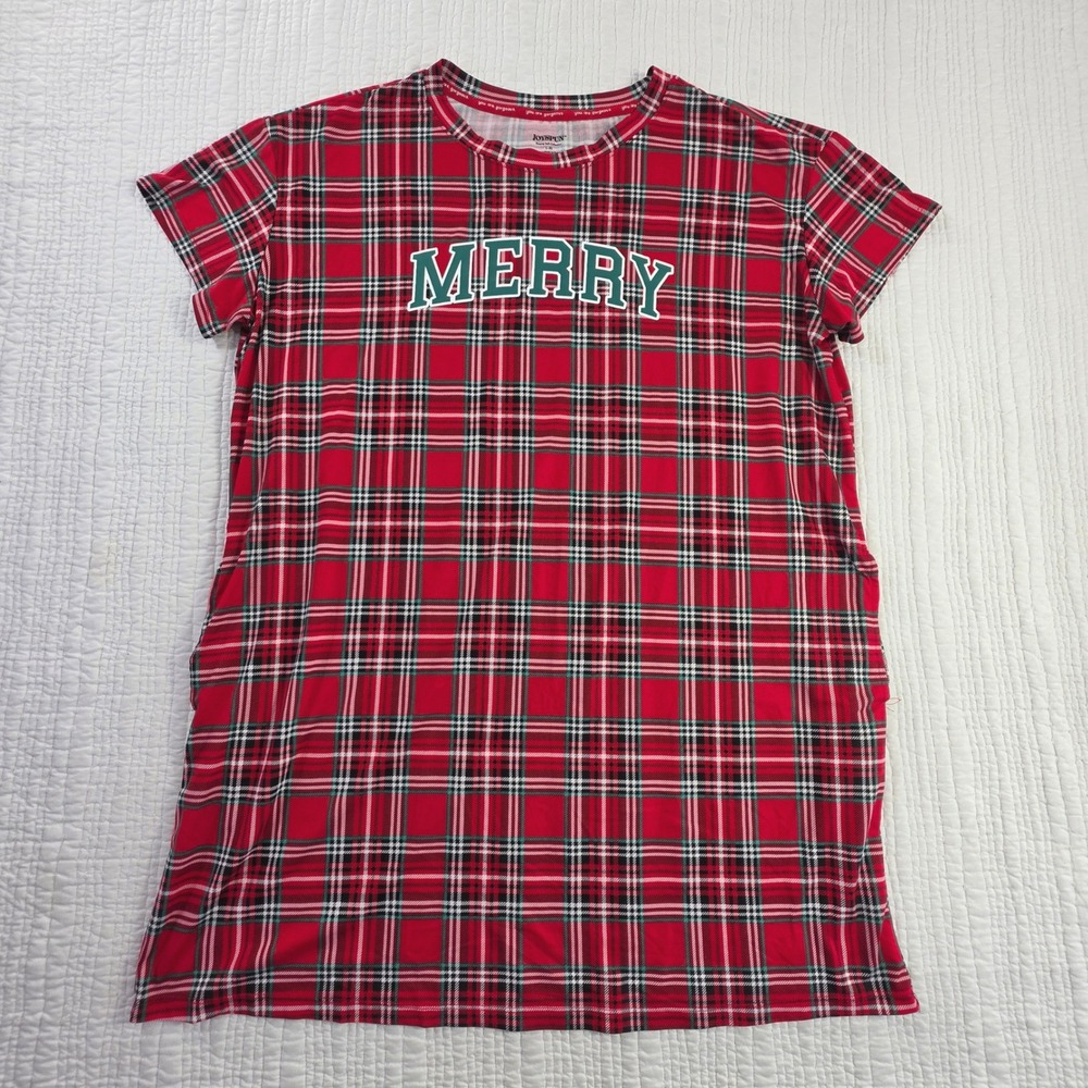 Joyspun Red Plaid Merry Christmas Nightgown Sleep Shirt L-XL Holiday Pajamas EUC